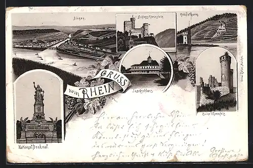 Vorläufer-Lithographie Bingen, 1895, Jagdschloss, Nationaldenkmal, Ruine Ehrenfels, Ortsansicht mit Brücke