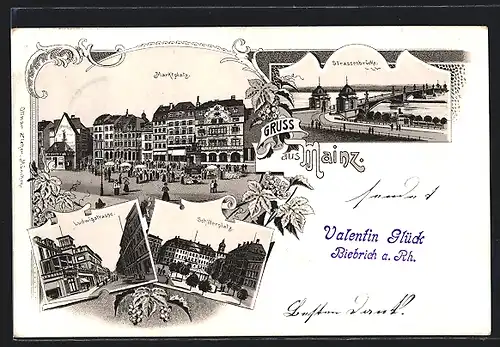 Lithographie Mainz, Ludwigstrasse, Strassenbrücke, Marktplatz