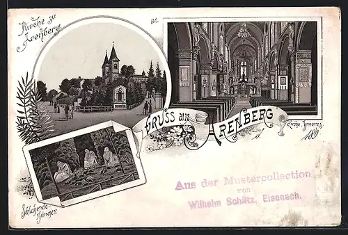 Lithographie Arenberg, Kirche mit Innerem, Schlafende Jünger