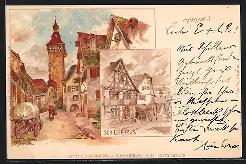 Lithographie Marbach, Schillerhaus, Strassenpartie in der Altstadt