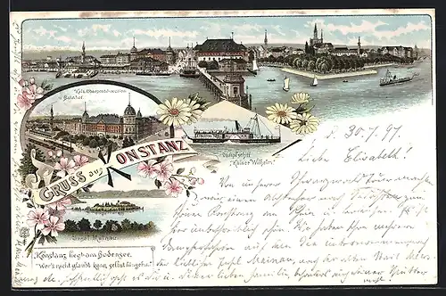 Lithographie Konstanz, Bahnhof & Oberpostdirektion, Dampfer Kaiser Wilhelm, Hafen