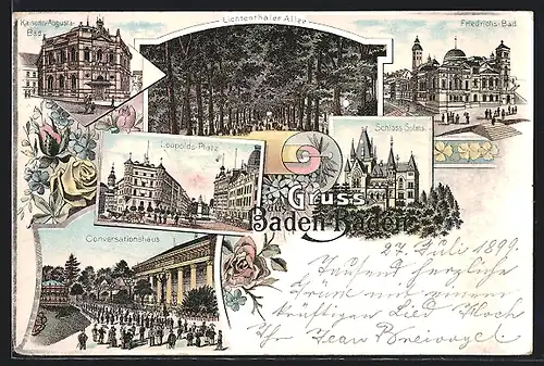 Lithographie Baden-Baden, Friedrichs-Bad, Schloss Solms, Lichtenthaler Allee, Kaiserin Augusta-Bad, Leopolds-Platz