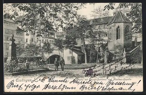AK Esslingen, Georgü-Denkmal und Nicolaus-Kapelle, mit Besuchern