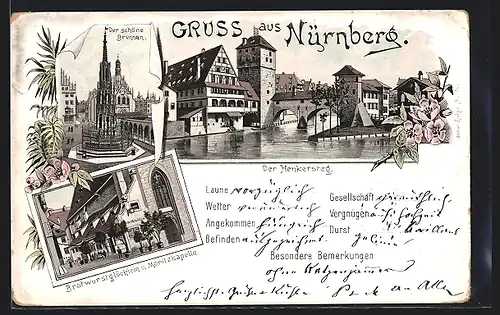 Lithographie Nürnberg, Henkersteg, Bratwurstglöcklein und Moritzkapelle