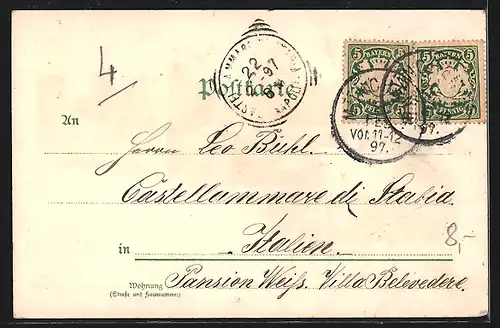 Lithographie München, Gärtnerplatztheater mit Denkmalsanlage, Viktualienmarkt, Trachtenbub mit Zither