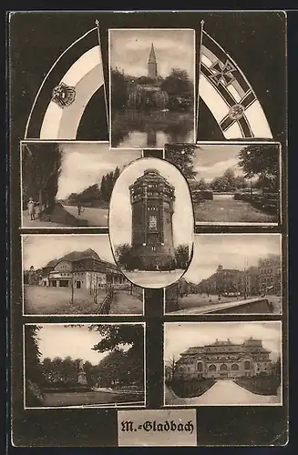 Passepartout-AK M.-Gladbach, Denkmal, Kirche, Schloss, Wappen