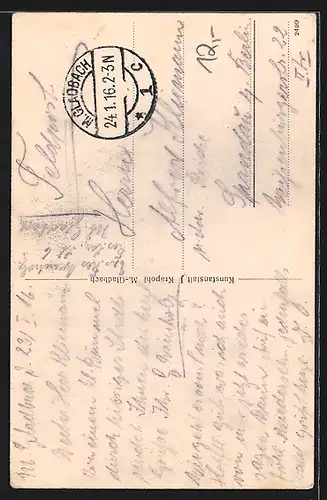 Passepartout-AK M.-Gladbach, Denkmal, Kirche, Schloss, Wappen