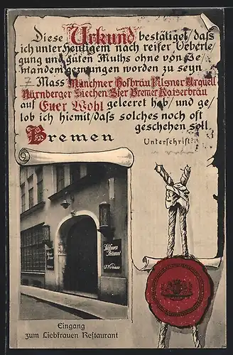 Passepartout-AK Bremen, Gasthaus Liebfrauen-Restaurant J. Würdemann, Urkunde, Siegel