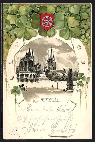 Passepartout-Lithographie Erfurt, Dom & St. Severikirche im Hufeisen, Wappen, Kleeblätter