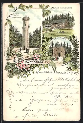 Lithographie Ilmenau, Gabelbach Restaurant, Goethehäuschen, Kickelhahn