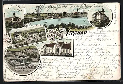 Lithographie Nerchau, Kirche, Villa Hessel, Beamtenschule, Farbenfabrik, Schützenhaus