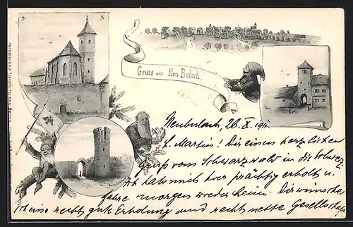 Künstler-AK Neu-Bulach, Kirche, Wehrturm, Zwerge, Panorama