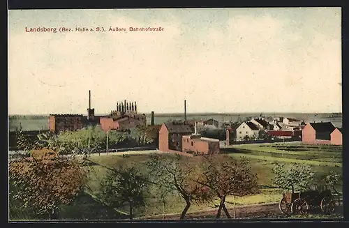 AK Landberg /Bez. Halle a. S., Aussere Bahnhofstrasse mit Umgebung aus der Vogelschau