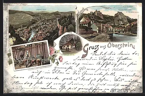 Lithographie Oberstein, Neues Schloss und Felsenkirche, Fuhr`s Hütte, Inneres einer Achatschleife
