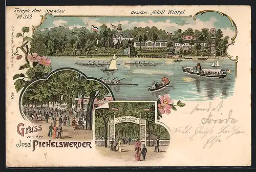 Lithographie Spandau, Insel Pichelswerder mit Gasthaus Adolf Winkel