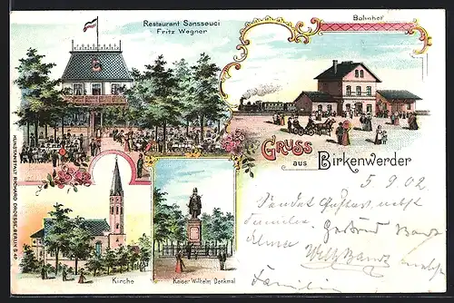 Lithographie Birkenwerder, Restaurant Sanssouci F. Wegner, Bahnhof, Kirche