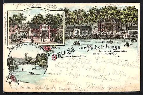 Lithographie Berlin-Pichelsberge, Restaurant Kaisergarten v. C. Rattey, Blick auf den Stössen-See, Ruderboote