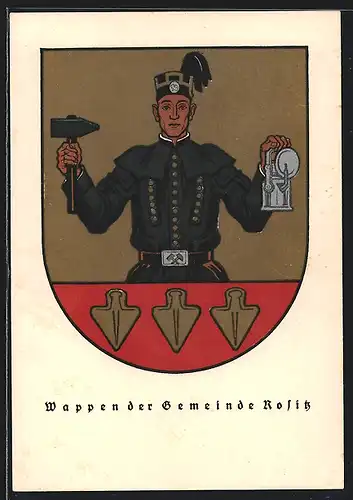 Künstler-AK Rositz, Wappen mit Kohlearbeiter