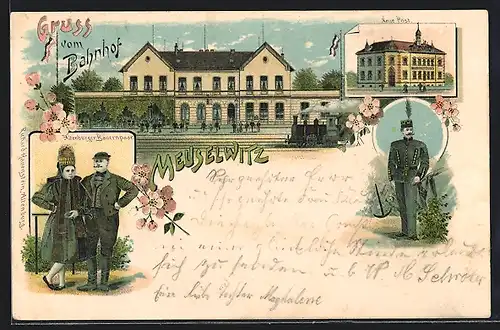 Lithographie Meuselwitz, Bahnhof, Neue Post, Alternburger Bauernpaar
