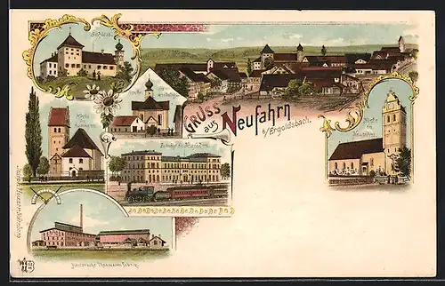 Lithographie Neufahrn /Ergoldsbach, Bahnhof, Houzersche Tonwarenfabrik, Schloss