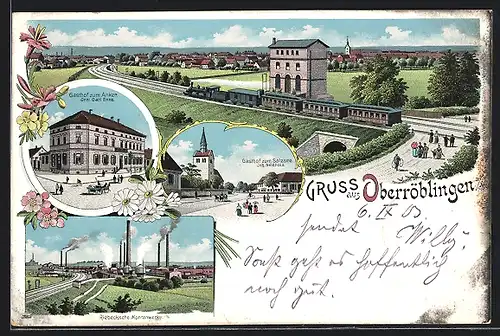 Lithographie Oberröblingen, Gasthof zum Anker, Gasthof zum Salzsee, Riebecksche Montanwerke