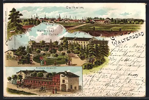 Lithographie Oelheim, Gasthaus Waltersbad mit Garten, Ortsansicht