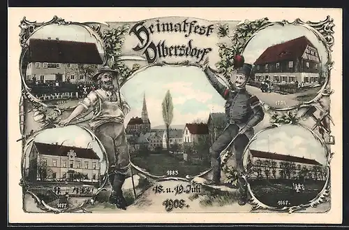 AK Olbersdorf, Heimatfest 1908, Teilansicht mit Kirche 1883