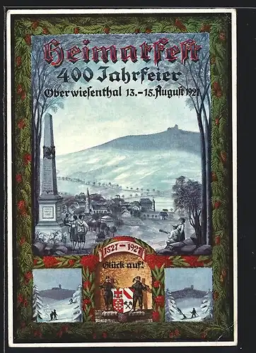 Künstler-AK Oberwiesenthal, 400 Jahrfeier und Heimatfest 1927, Bergmannsgruss und Wappen