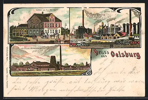 Lithographie Oelsburg, Gasthof von Max Herrmann, Ilseder Hütte, Kalischacht Wilhelmshall