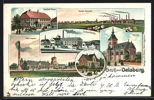 Lithographie Oelsburg, Gasthof Hesse, Kaliwerk, Zuckerfabrik, Villa Althoff