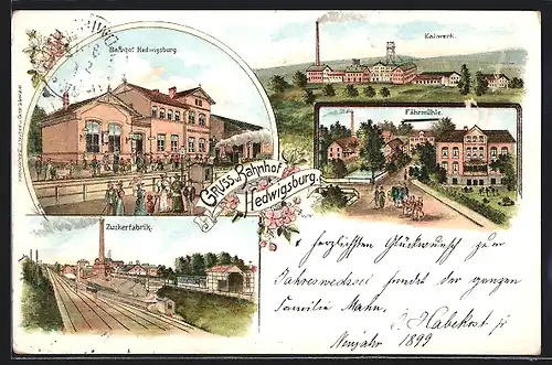 Lithographie Hedwigsburg, Teilansicht mit Kaliwerk, Fährmühle, Bahnhof, Zuckerfabrik
