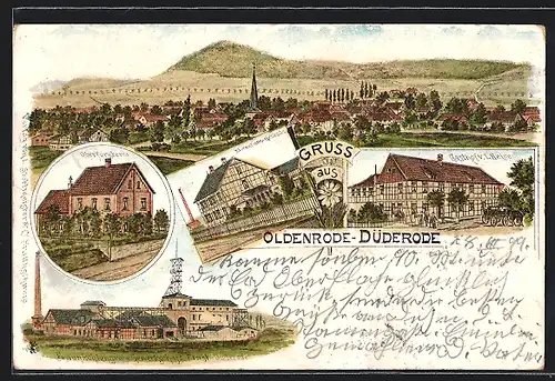Lithographie Oldenrode-Düderode, Braunkohlengrube Gewerkschaft Ernst Düderode, Oberförsterei, Ortsansicht