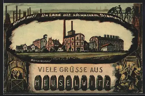 Künstler-AK Meuselwitz, Bismarckschacht, Ansicht auf Brikett