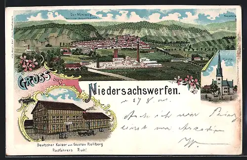 Lithographie Niedersachswerfen, Gasthof Deutscher Kaiser, Kirche, Panorama