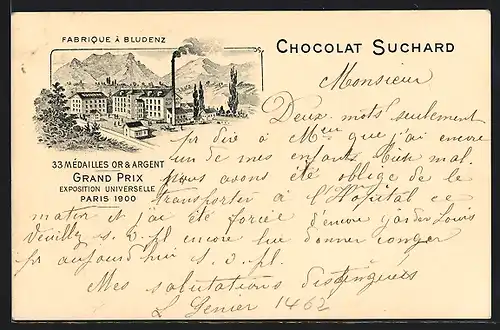 Lithographie Bludenz, Chocolat Suchard, Fabrique, Reklame für Kakao