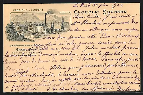Lithographie Bludenz, Fabrique, Reklame für Chocolat Suchard Kakao