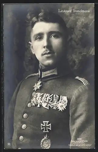 AK Sanke Nr. 360, Portrait Leutnant Immelmann in Uniform mit Orden