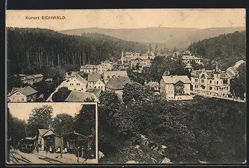 AK Eichwald, Bahnhof mit haltender Bahn, Ortsansicht aus der Vogelschau