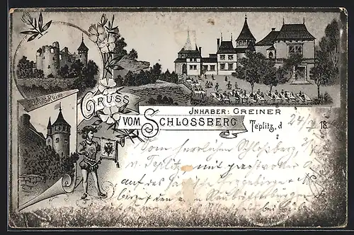 Vorläufer-Lithographie Teplitz, 1894, Gasthaus auf dem Schlossberg von Greiner, Ruine