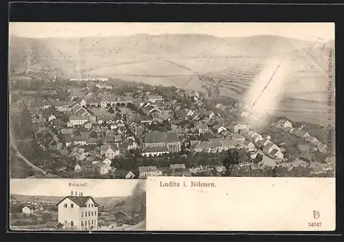 AK Luditz i. Böhmen, Bahnhof, Ortsansicht aus der Vogelschau