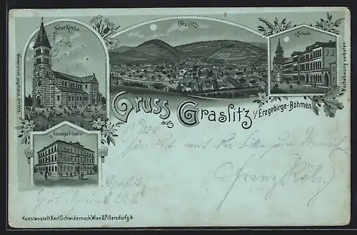 Mondschein-Lithographie Graslitz i. Erzgebirge, Amtsgebäude, Schule, neue Kirche
