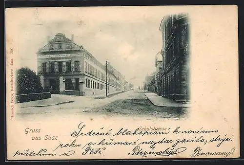AK Saaz, Blick in die Schulstrasse, Cartonagen-Fabrik M. Lüdersdorf