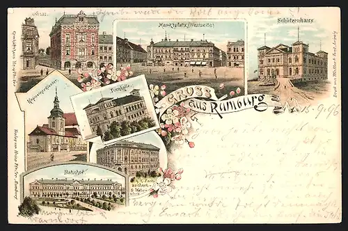 Lithographie Rumburg / Rumburk, Bahnhof, Schützenhaus, Marktplatz, Geschäftshaus Pfeifer, Turnhalle