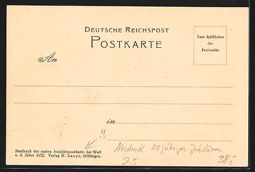 AK Neudruck der ersten Ansichtspostkarten der Welt von 1872, Neudruck 20 jähriges Jubiläum, Kleiner Gratulant
