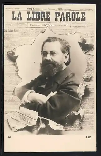 AK antisemitischer Journalist E. Drumont gerahmt von zerrissener Zeitung la Libre Parole