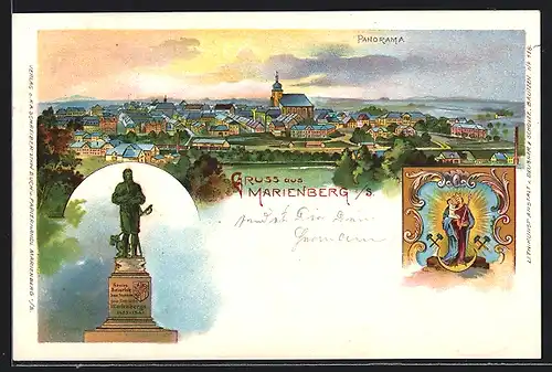 Lithographie Marienberg i. S., Denkmal Herzog Heinrich der Fromme, Panorama