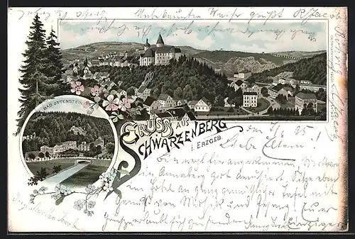 Vorläufer-Lithographie Schwarzenberg i. Erzgeb., 1895, Ortsansicht mit Schloss, Bad Ottenstein