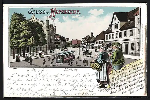 Lithographie Hettstedt, Strassenpartie mit Strassenbahn