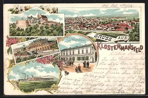 Lithographie Klostermansfeld, Gasthof zum Grafen, Lichtloch 81, Bahnhof