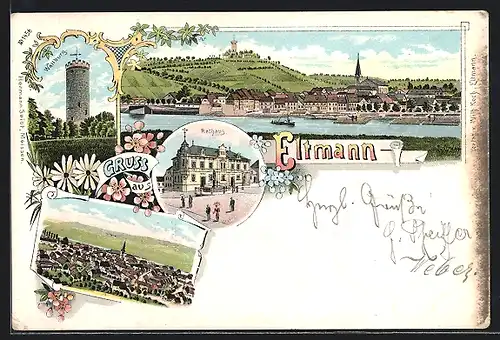 Lithographie Eltmann, Teilansicht, Wallburg, Rathaus